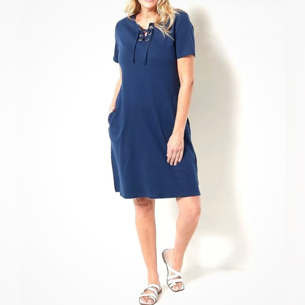 Quacker Factory Women’s L Gold Jeweled Split Collar Mini Shirt Dress w/Pockets